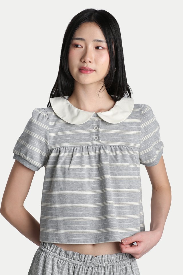 CAITLIN BABYDOLL STRIPE POLO IN HEATHER STRIPES