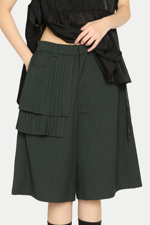 GIA SIDE PLEATED PEPLUM SUIT BERMS IN VARSITY GREEN STRIPES