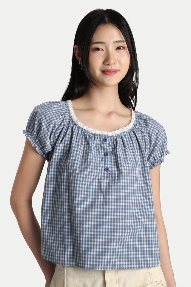 IVY LACE TRIM BABYDOLL TOP IN BLUE CHECKS