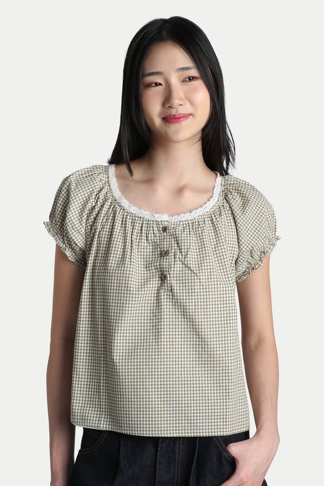 IVY LACE TRIM BABYDOLL TOP IN OLIVE CHECKS