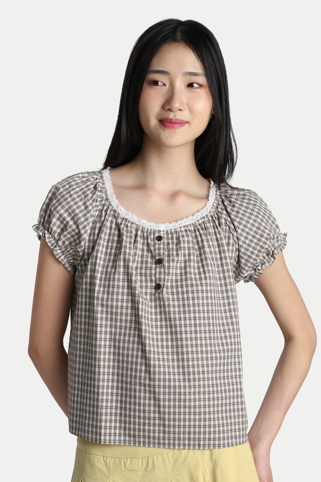 IVY LACE TRIM BABYDOLL TOP IN BROWN CHECKS