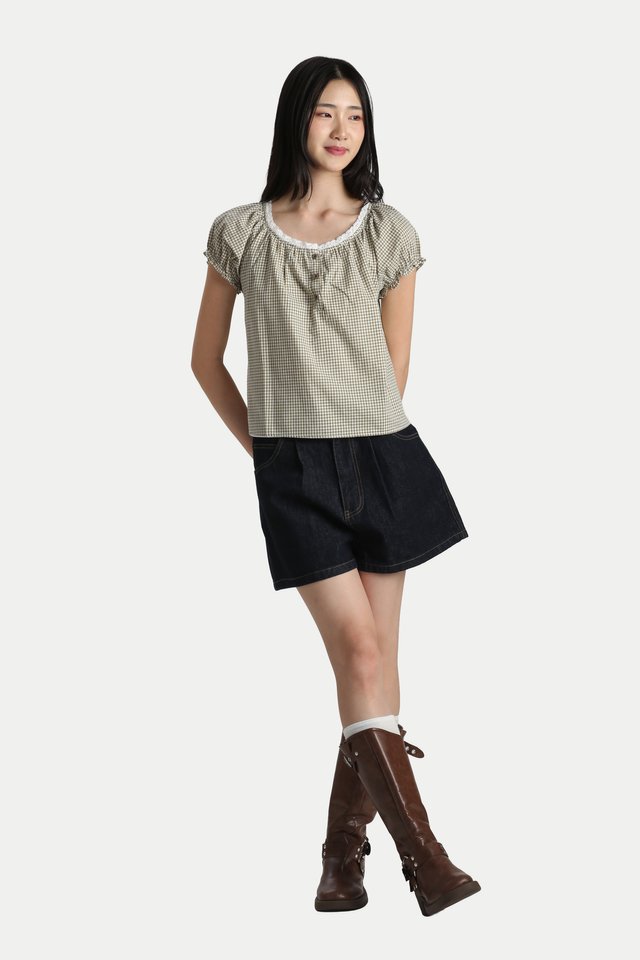 IVY LACE TRIM BABYDOLL TOP IN OLIVE CHECKS
