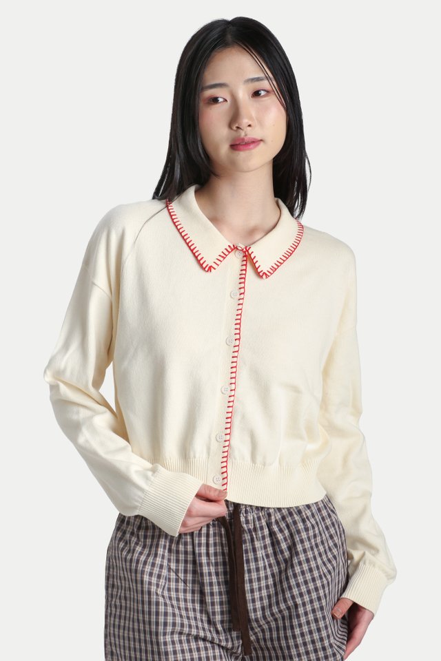 PAISLEY KNITTED CONTRAST STITCH CARDIGAN IN CREAM