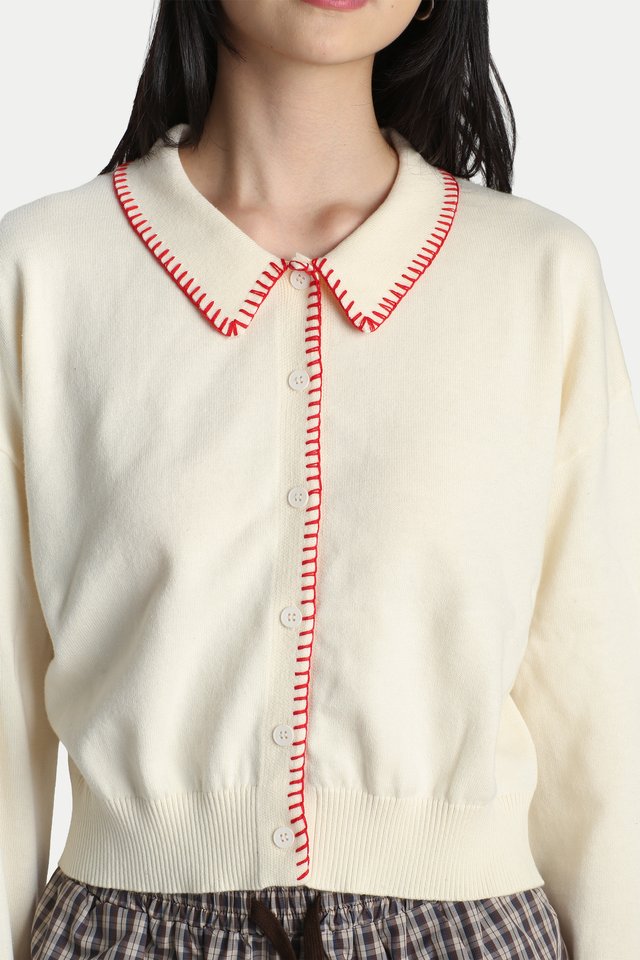 PAISLEY KNITTED CONTRAST STITCH CARDIGAN IN CREAM