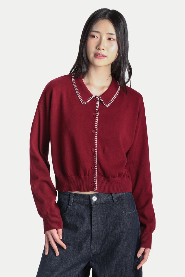 PAISLEY KNITTED CONTRAST STITCH CARDIGAN IN MERLOT