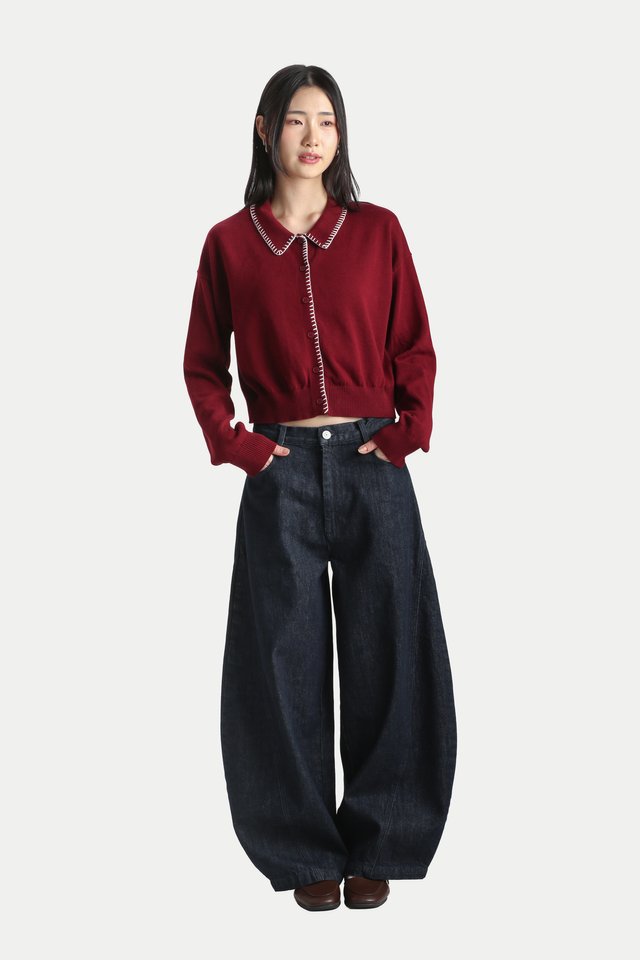 PAISLEY KNITTED CONTRAST STITCH CARDIGAN IN MERLOT