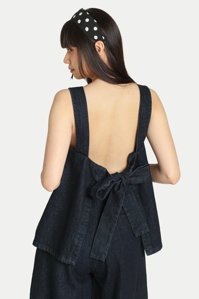 CLIO SASH TIE BACKLESS TOP IN DARK WASH