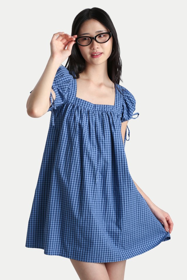 ELOISE SQUARE NECK BABYDOLL ROMPER DRESS IN BLUEBERRY CHECKS