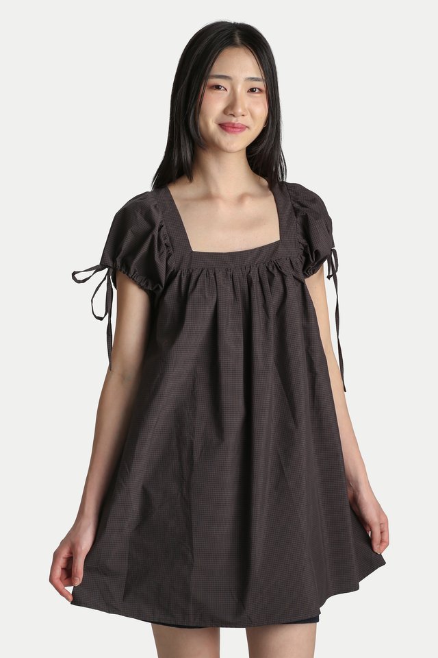 ELOISE SQUARE NECK BABYDOLL ROMPER DRESS IN BLACK CHECKS