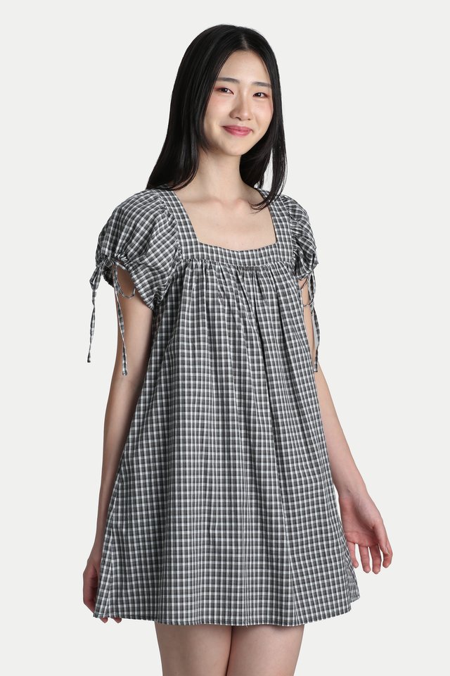 ELOISE SQUARE NECK BABYDOLL ROMPER DRESS IN DARK OLIVE CHECKS