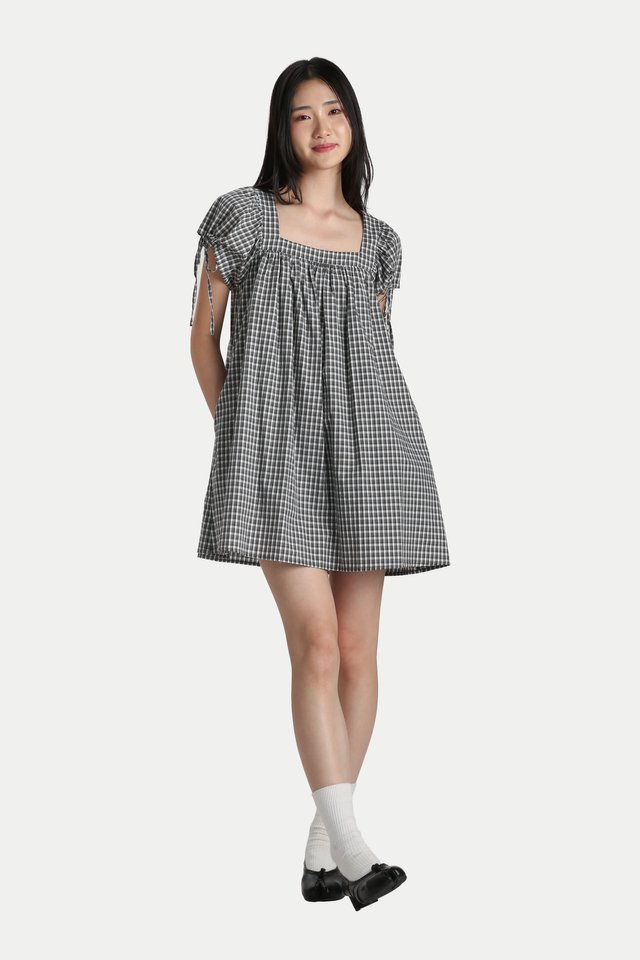 ELOISE SQUARE NECK BABYDOLL ROMPER DRESS IN DARK OLIVE CHECKS