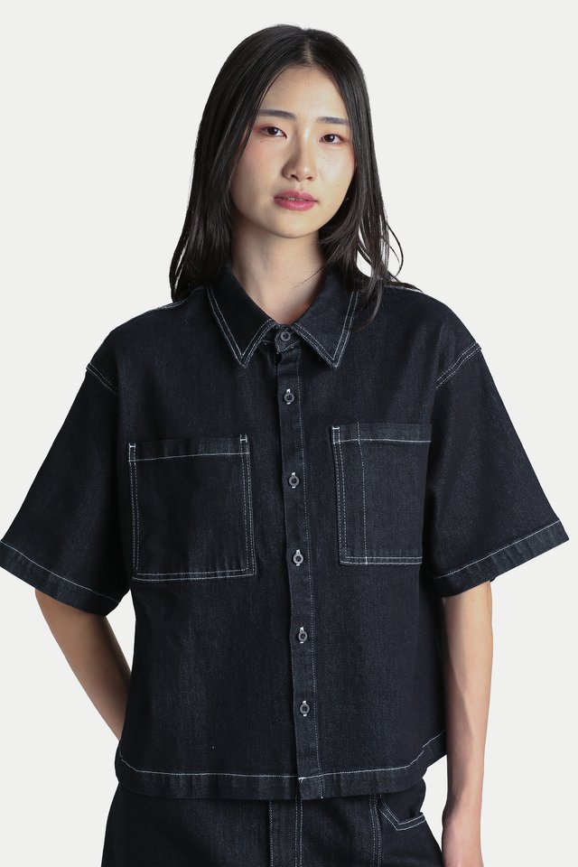 YURI BOXY DENIM WORK SHIRT IN DARK WASH