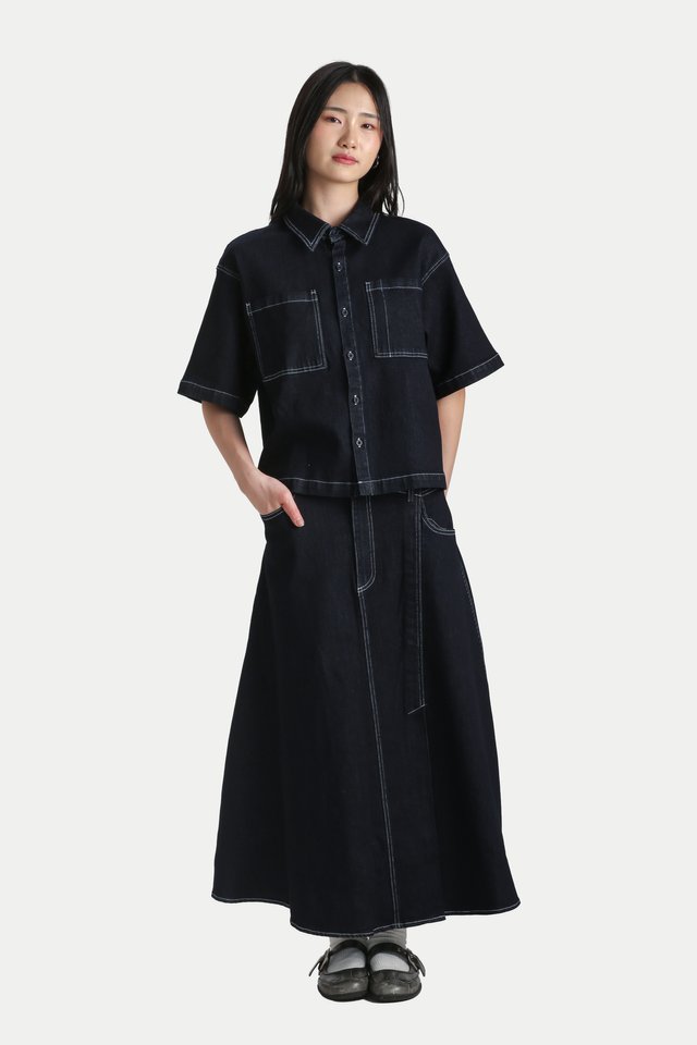 YURI BOXY DENIM WORK SHIRT IN DARK WASH