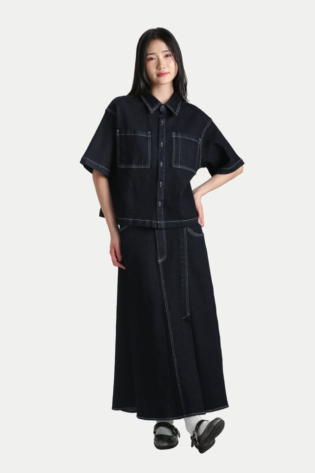 YUME ASYMMETRICAL DENIM SKIRT IN DARK WASH