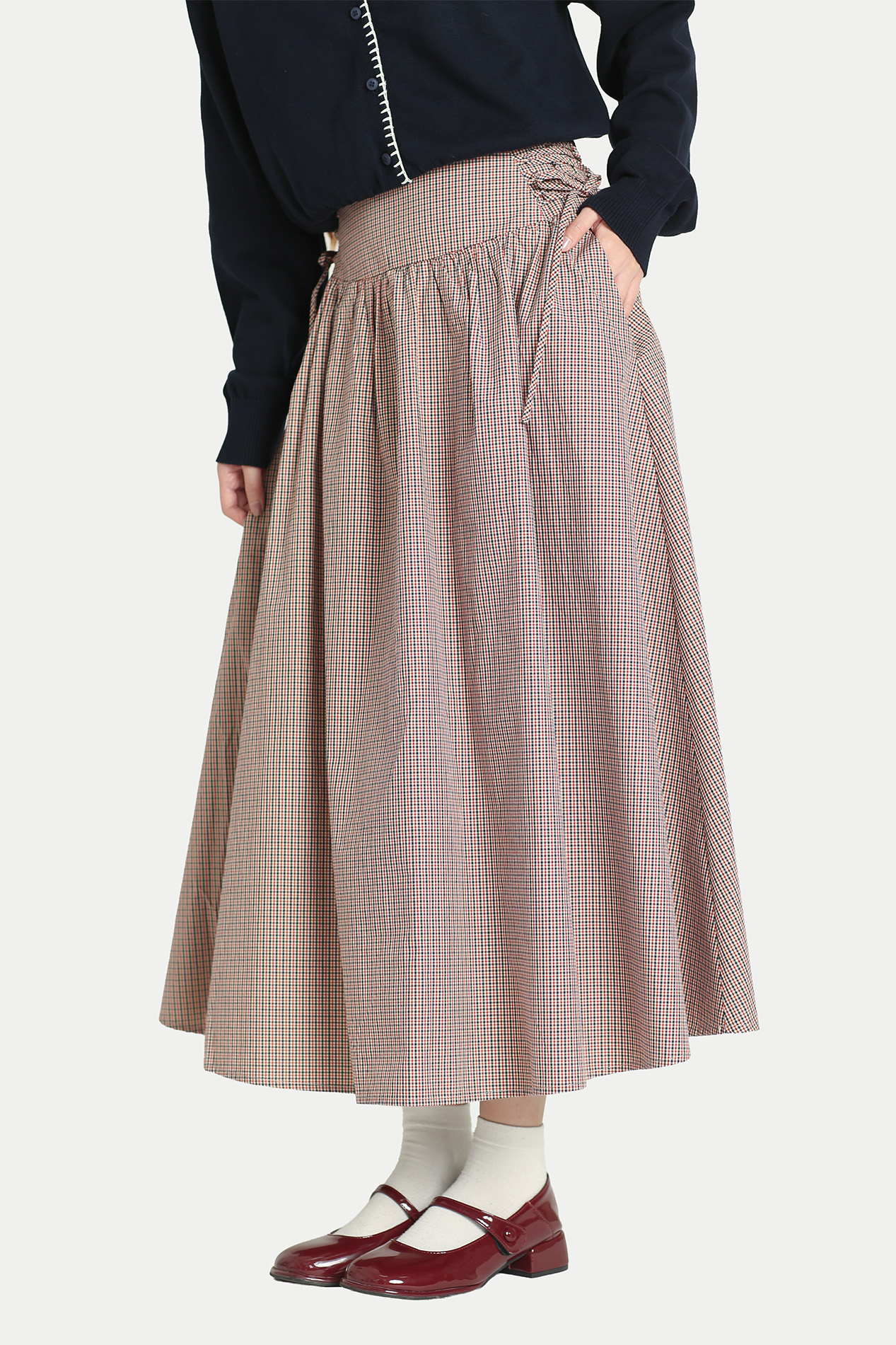 TSUKI SIDE CORSET MIDI SKIRT IN VINTAGE CHECKS