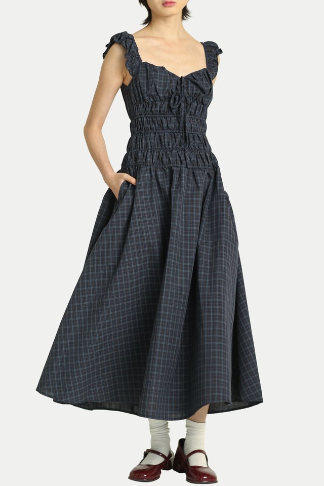 DELILAH MAXI RUCHED DRESS IN NAVY CHECKS