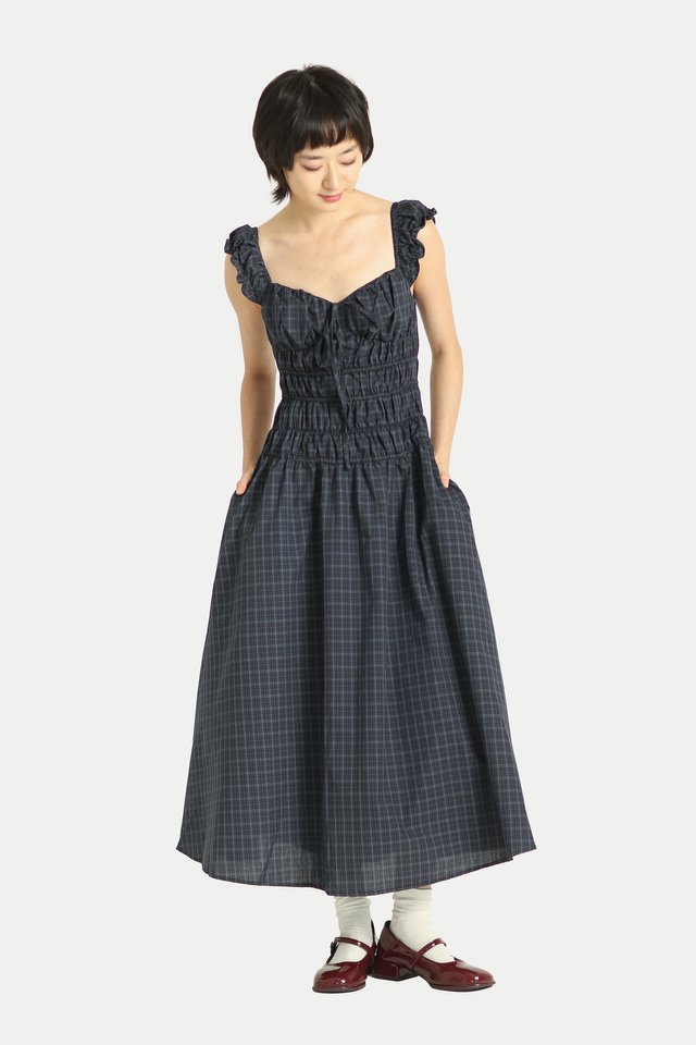 DELILAH MAXI RUCHED DRESS IN NAVY CHECKS