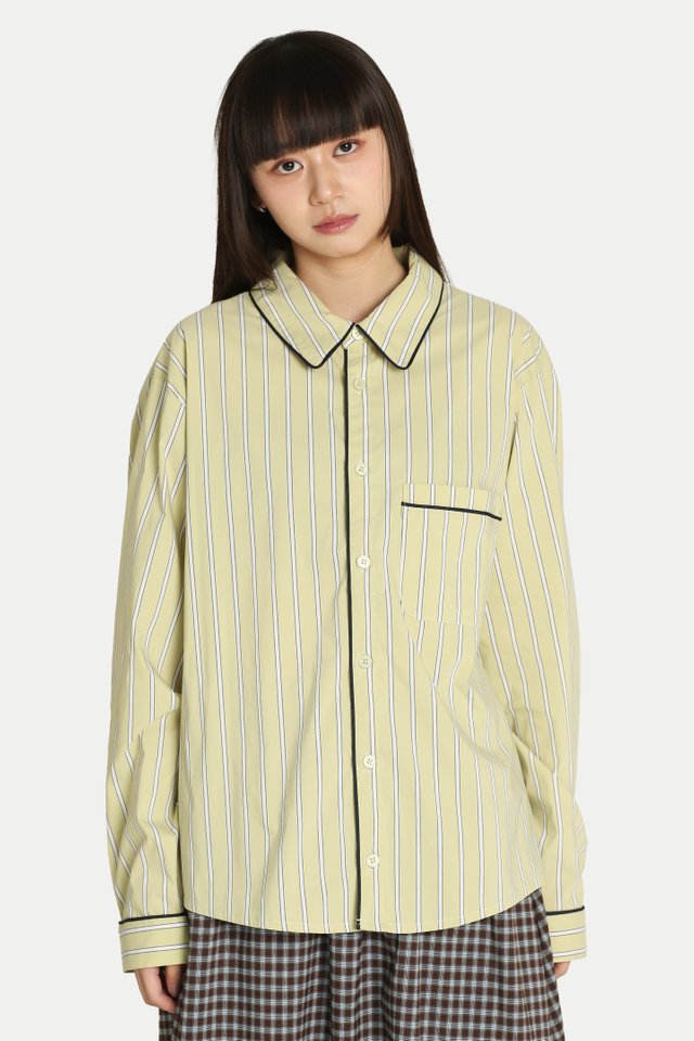 TIANA CONTRAST PIPING SHIRT IN PISTACHIO STRIPES