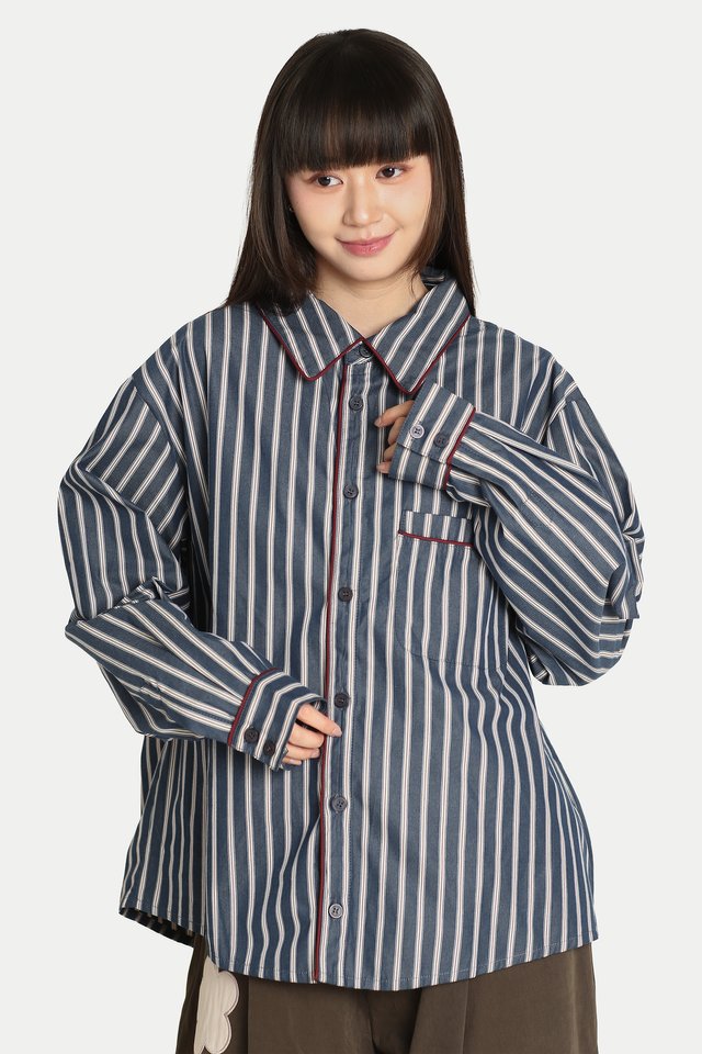 TIANA CONTRAST PIPING SHIRT IN NAVY STRIPES