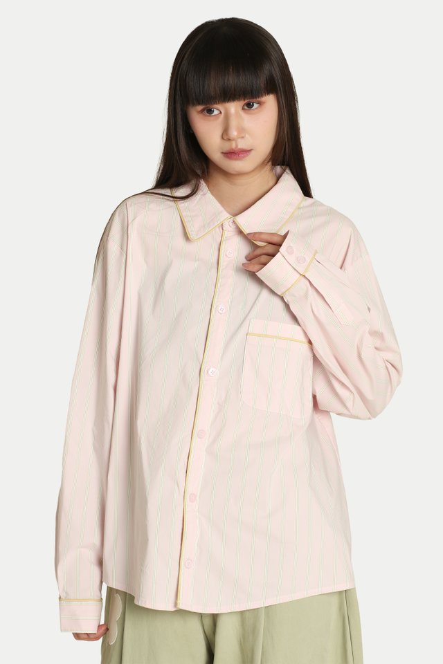 TIANA CONTRAST PIPING SHIRT IN PASTEL PINK STRIPES