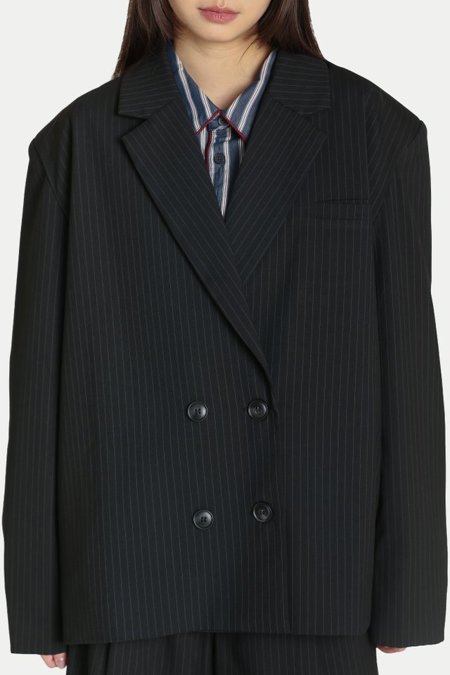 RIETTA OVERSIZED DOUBLE-BREASTED BLAZER IN BLACK STRIPES