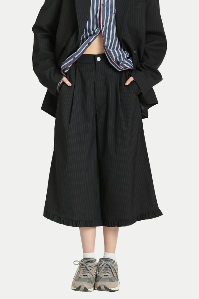 LOLA SUIT FRILL HEM JORTS IN BLACK STRIPES