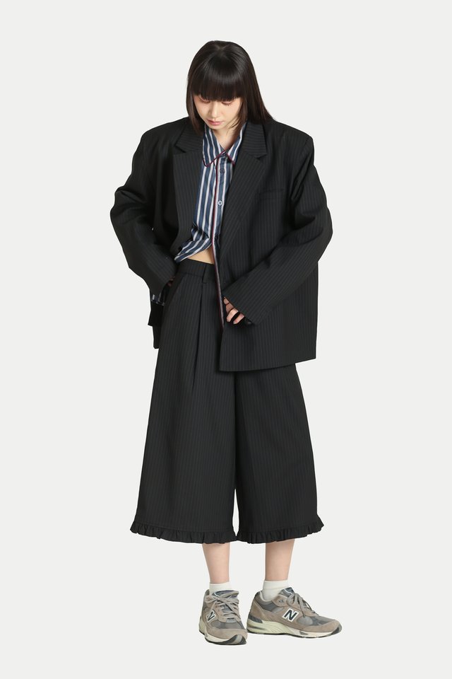 LOLA SUIT FRILL HEM JORTS IN BLACK STRIPES