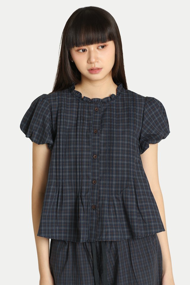 HERA FRILL COLLAR PUFF SLEEVE TOP IN NAVY CHECKS