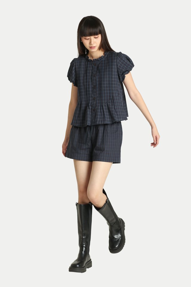 HERA FRILL COLLAR PUFF SLEEVE TOP IN NAVY CHECKS