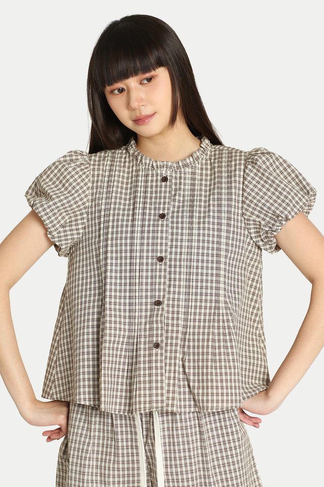 HERA FRILL COLLAR PUFF SLEEVE TOP IN CREAM CHECKS