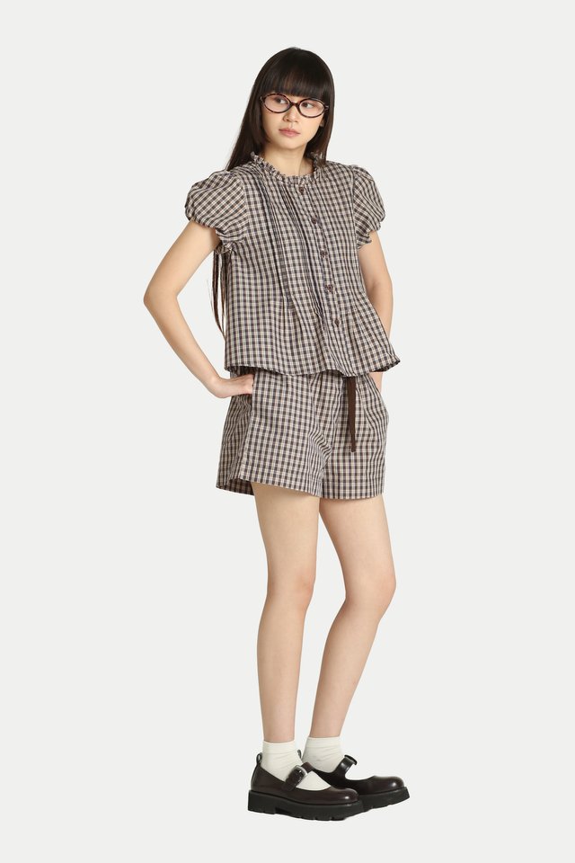 HERA FRILL COLLAR PUFF SLEEVE TOP IN BROWN CHECKS