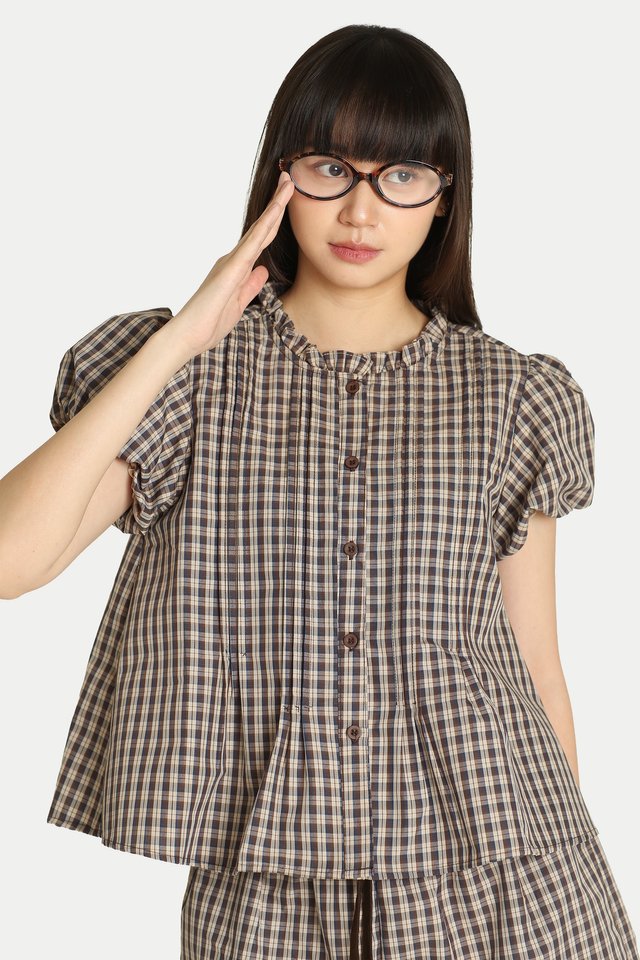 HERA FRILL COLLAR PUFF SLEEVE TOP IN BROWN CHECKS