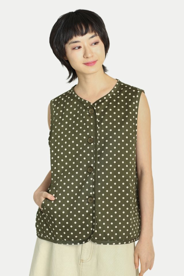 RISA REVERSIBLE BOXY VEST IN MATCHA DOTS/CREAM STRIPES