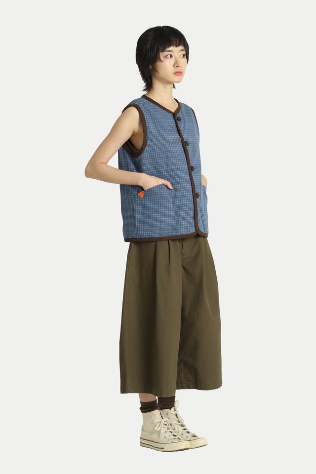 RISA REVERSIBLE BOXY VEST IN UMBER/MID BLUE CHECKS