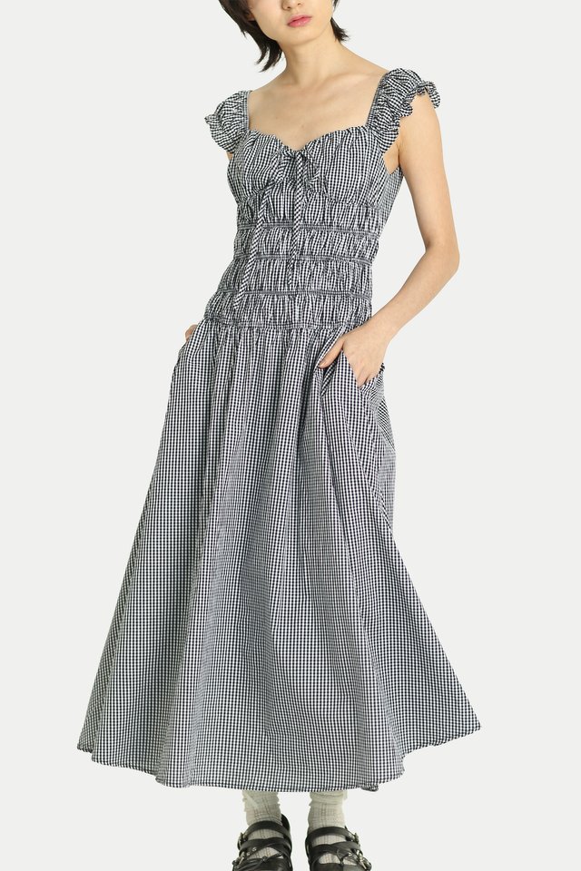 DELILAH MAXI RUCHED DRESS IN BLACK CHECKS