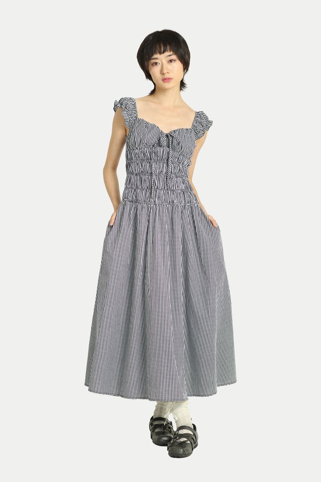 DELILAH MAXI RUCHED DRESS IN BLACK CHECKS