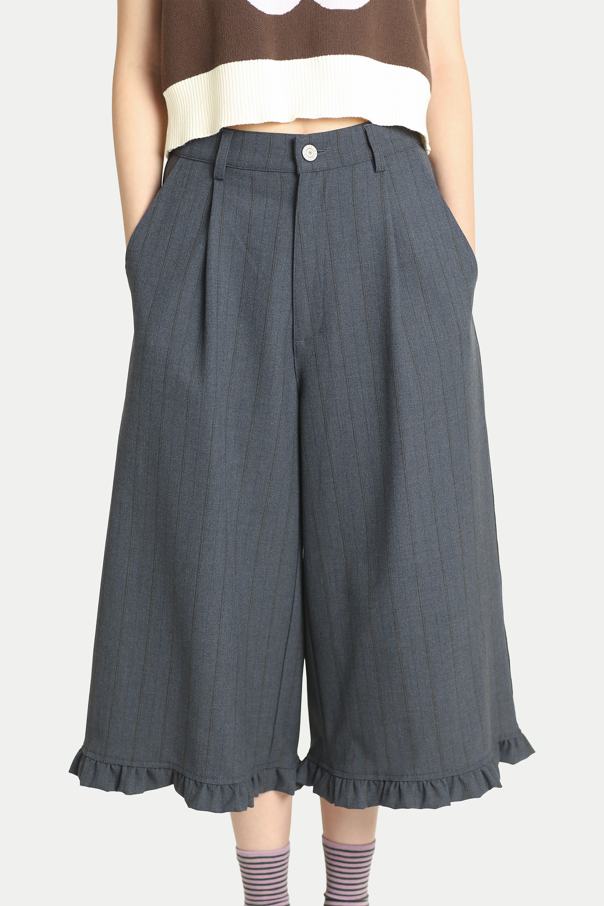 LOLA SUIT FRILL HEM JORTS IN VINTAGE BLUE STRIPES
