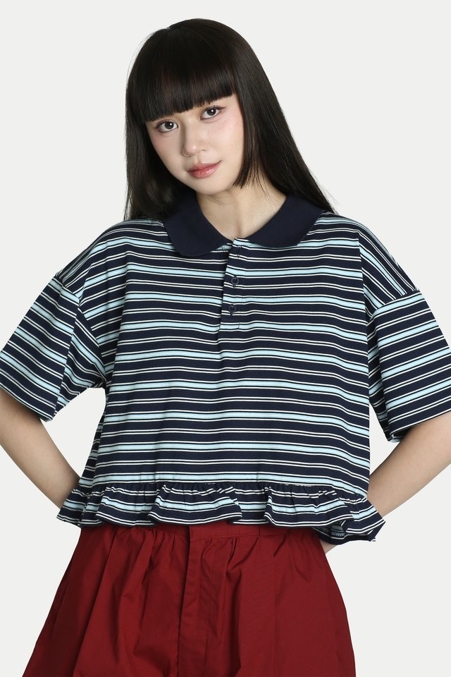 JOY STRIPE PEPLUM POLO TOP IN BLUEBERRY