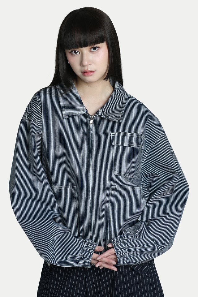 RYKER HICKORY STRIPE WORK JACKET IN NAVY
