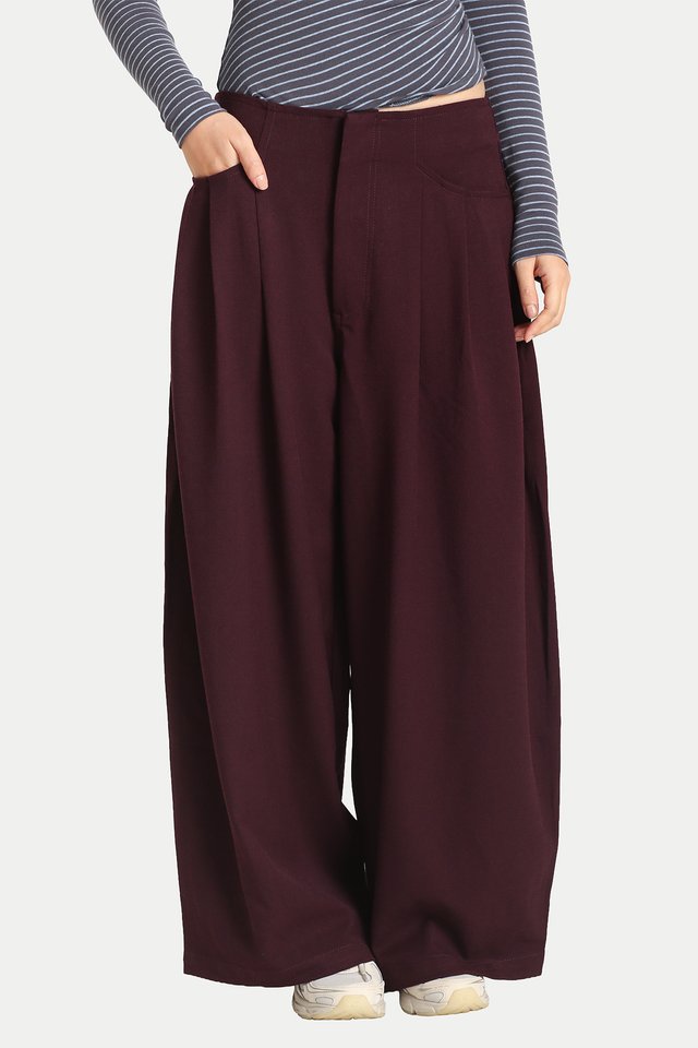 CAYSON SUIT PLEATED CURVED LEG PANTS IN DARK PURPLE