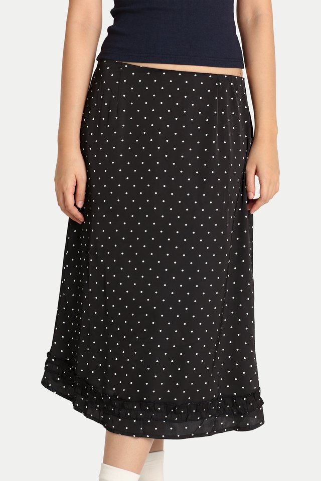 MIKI POLKA DOT FRILL HEM SKIRT IN BLACK