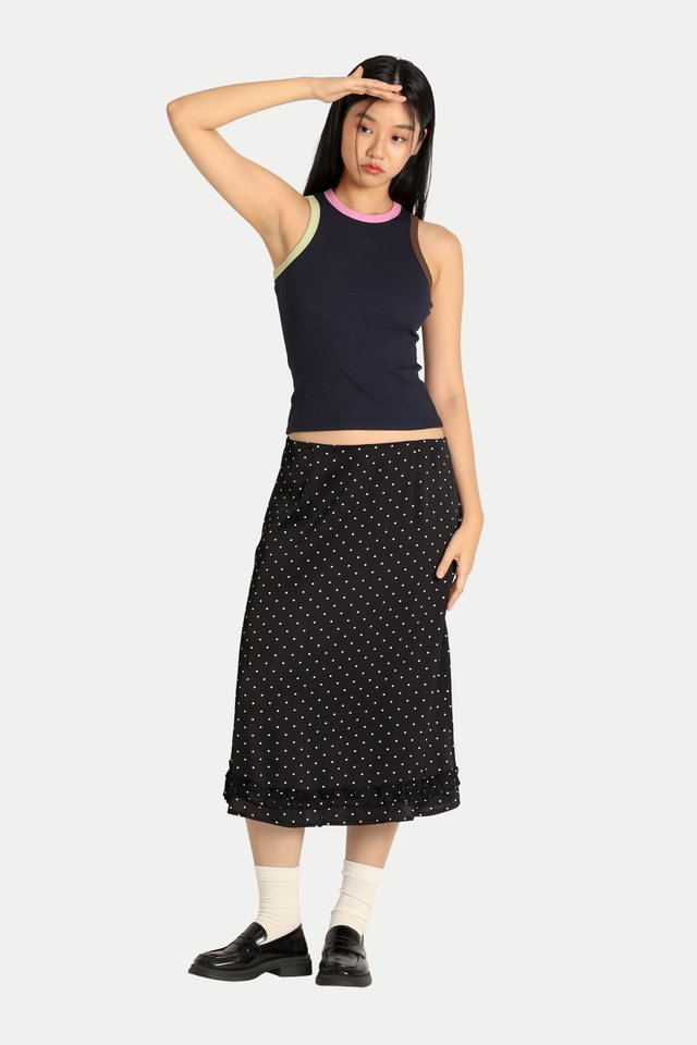 MIKI POLKA DOT FRILL HEM SKIRT IN BLACK