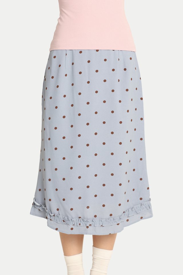 MIKI POLKA DOT FRILL HEM SKIRT IN DUSTY BLUE
