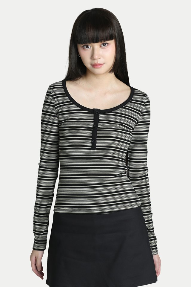 ZELLA STRIPE HENLEY TOP IN BLACK