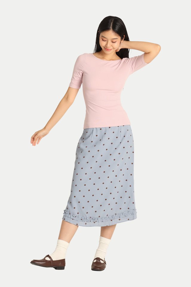 MIKI POLKA DOT FRILL HEM SKIRT IN DUSTY BLUE