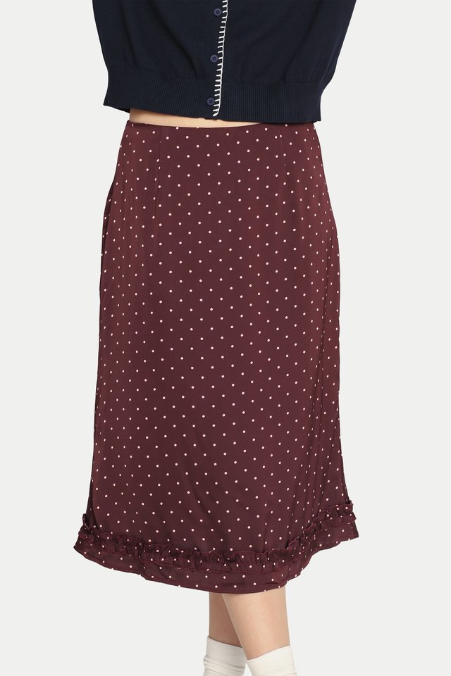 MIKI POLKA DOT FRILL HEM SKIRT IN MERLOT