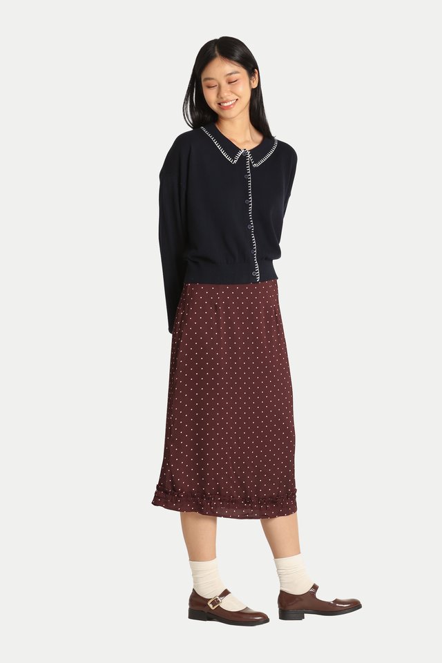 MIKI POLKA DOT FRILL HEM SKIRT IN MERLOT