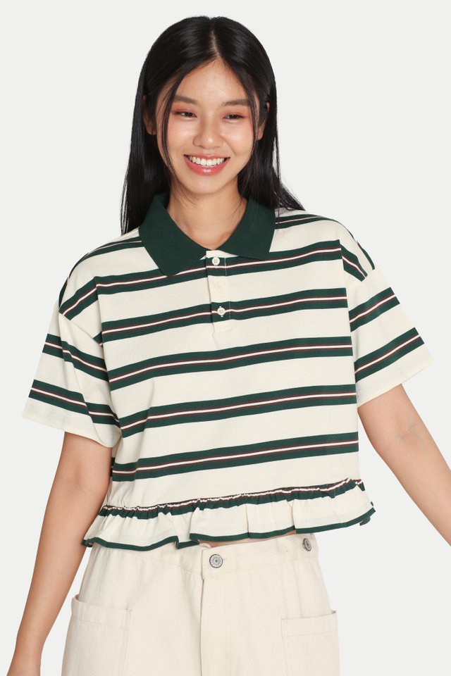 JOY STRIPE PEPLUM POLO TOP IN CREAM