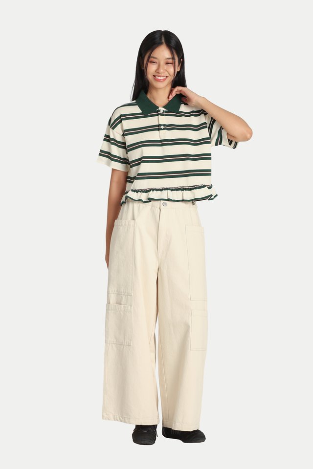 JOY STRIPE PEPLUM POLO TOP IN CREAM
