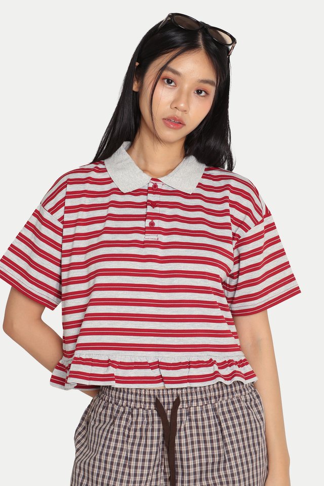 JOY STRIPE PEPLUM POLO TOP IN GREY